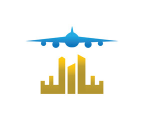 Plane take off with city scene design vector illustration