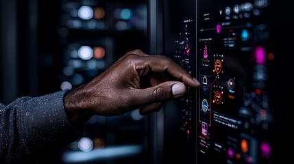 Hand Interacting with Digital Interface in Data Center Server Room