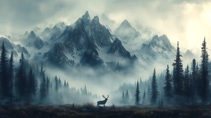 42. A wildlife art piece where animals blend into a misty mountain landscape, forming a dynamic connection between nature’s creatures and the human figure in layered imagery 