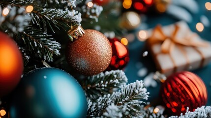 A close-up shot of a Christmas tree adorned with glittering ornaments and snow creates a warm, festive feeling, perfect for celebrating winter holidays.