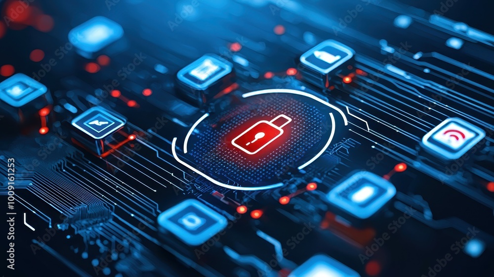 Poster cybersecurity concept with a padlock icon on a circuit board.