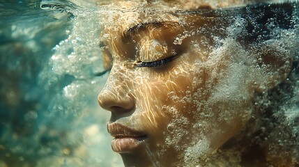 44. A serene ocean reflection blending into the shape of a person’s face, the water textures and abstract effects creating an ethereal beauty and connection between humanity and nature 