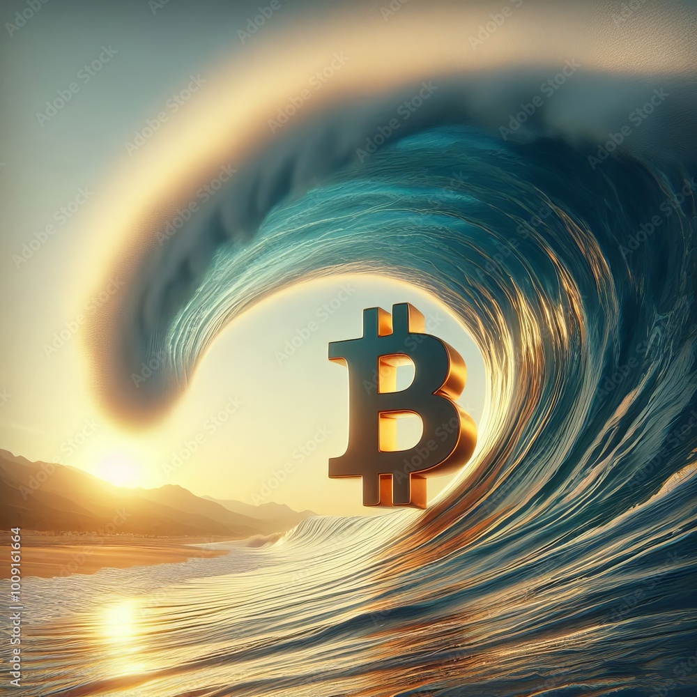 Poster a 3d-rendered image of a giant bitcoin symbol emerging from a powerful ocean wave under a vibrant su