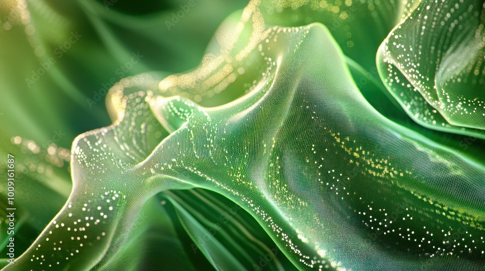 Poster abstract green fabric-like texture with luminous particles and flowing forms.