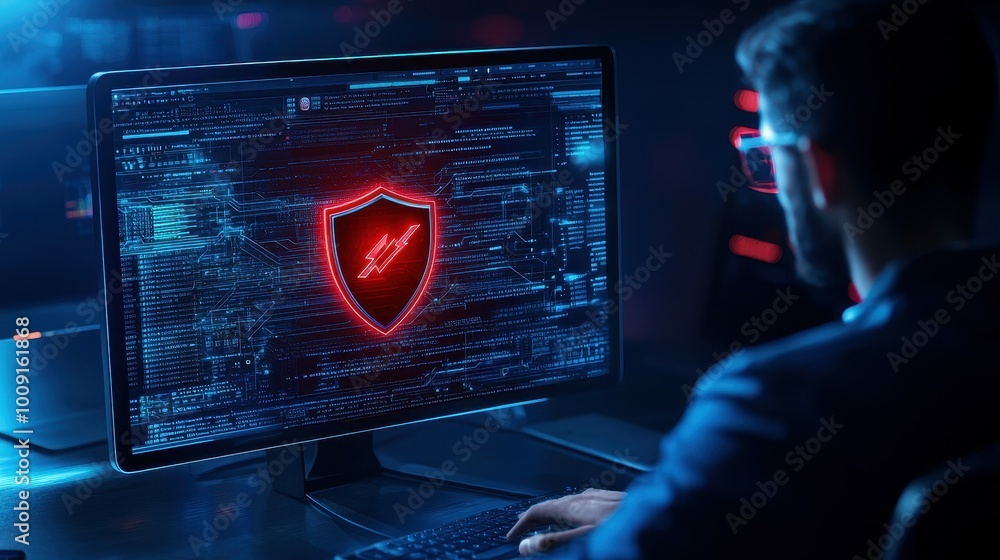 Poster a man sits at a computer with a glowing shield on the screen, suggesting cybersecurity.