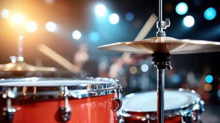 Obraz premium An impressive drum set with shining cymbals stands ready for a live music performance on a stage awash with multi-colored lights, evoking the thrill of the concert.