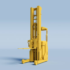 yellow Reach Truck on a light blue background. 3D Rendering.