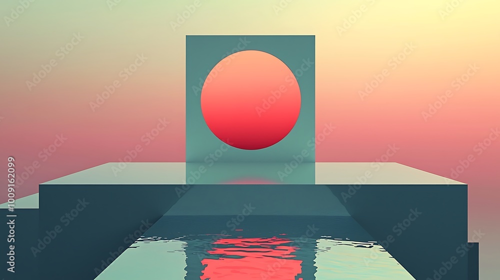 Poster an abstract geometric design features a bold red circle, perfectly reflected in calm waters, creatin