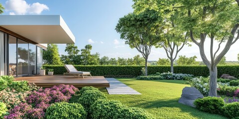 Modern house backyard trees outdoors garden.
