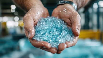 Fototapeta premium Two hands tenderly cradle bright blue crystals, reflecting a sense of purity and calmness in a serene environment. The sparkling gems evoke tranquility.
