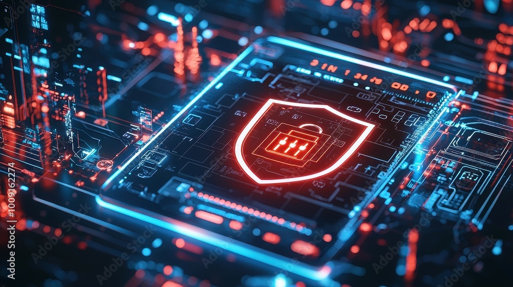 Poster digital shield with a padlock on a glowing circuit board.