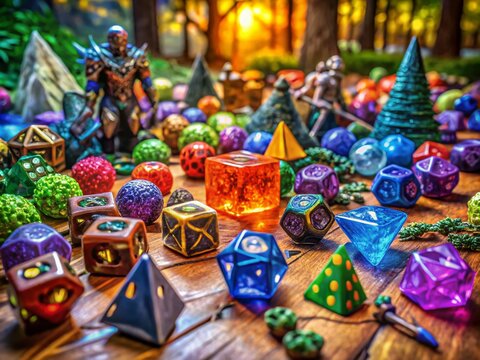 Colorful tabletop roleplaying game setup with dice, character sheets, and fantasy-themed accessories