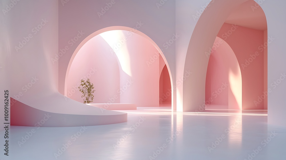 Poster a minimalist pink archway, softened by light and a delicate tree, creates a tranquil and modern desi