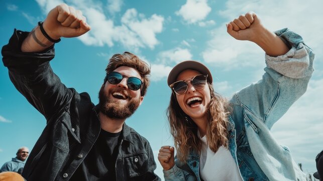 This image shows a joyful couple, each wearing sunglasses, cheering enthusiastically under a clear blue sky, embodying happiness and togetherness in the outdoors.