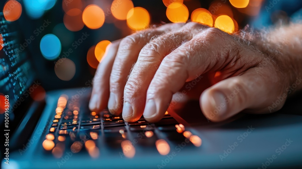 Aufkleber close-up of hands typing on a laptop keyboard with illuminated keys, symbolizing technology and conn