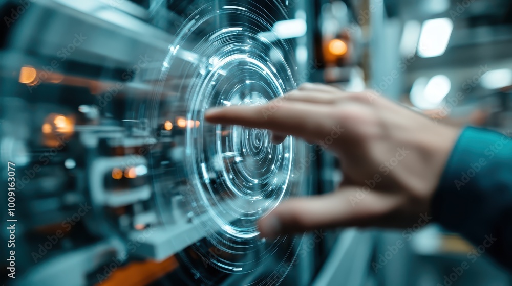 Aufkleber a hand reaches to interact with a digital holographic screen, symbolizing technology and innovation 