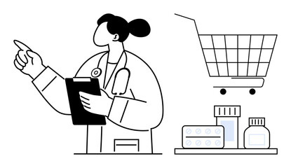 A healthcare professional holding a clipboard with medical supplies and a shopping cart. Ideal for online pharmacy concepts, medical shopping, healthcare services, telemedicine, medication provision