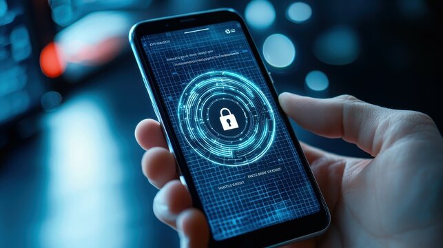 Hand holding a phone with a lock icon on the screen.