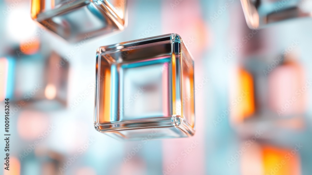 Poster this image shows a transparent cube seemingly hovering, with warm light reflections creating a soft 