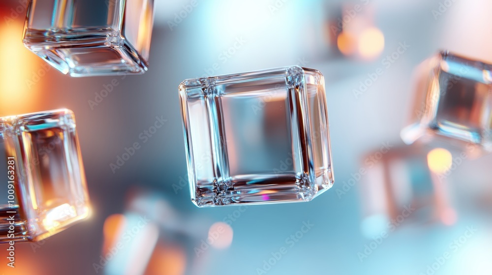 Poster the image captures several floating transparent glass cubes with vibrant reflections and a blurred, 