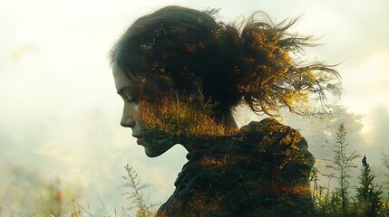 7. A wildlife scene where animals roam within the silhouette of a person, the layered imagery forming a dynamic connection between humanity and the animal kingdom, in a surreal landscape 