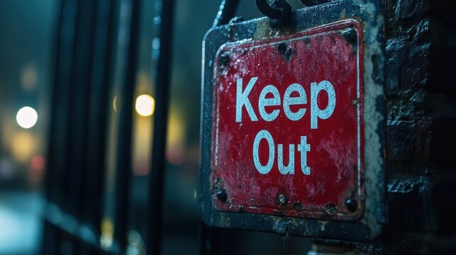 A weathered Keep Out sign hanging on a metal gate at night, illuminated by distant street lights in a foggy, urban environment with a sense of foreboding