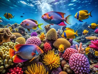 Colorful Tropical Fish Swimming Among Coral Reefs in a Vibrant Underwater Environment