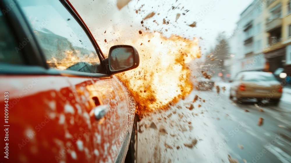 Poster a dramatic scene capturing the fiery explosion and aftermath of a collision involving a red car on a