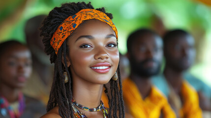 Fototapeta premium A smiling young woman wears a colorful headband while attending a cultural event surrounded by a vibrant community atmosphere