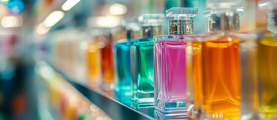 Shoppers in the cosmetics and household chemicals store A blurred view of a large perfume shop featuring perfumes and cosmetics Customers in the perfume shop are examining