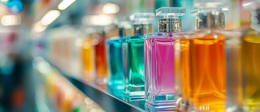 Shoppers in the cosmetics and household chemicals store A blurred view of a large perfume shop featuring perfumes and cosmetics Customers in the perfume shop are examining