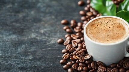A white cup filled with freshly brewed coffee sits amidst scattered coffee beans, evoking warmth and energy, perfect for a cozy and invigorating moment.
