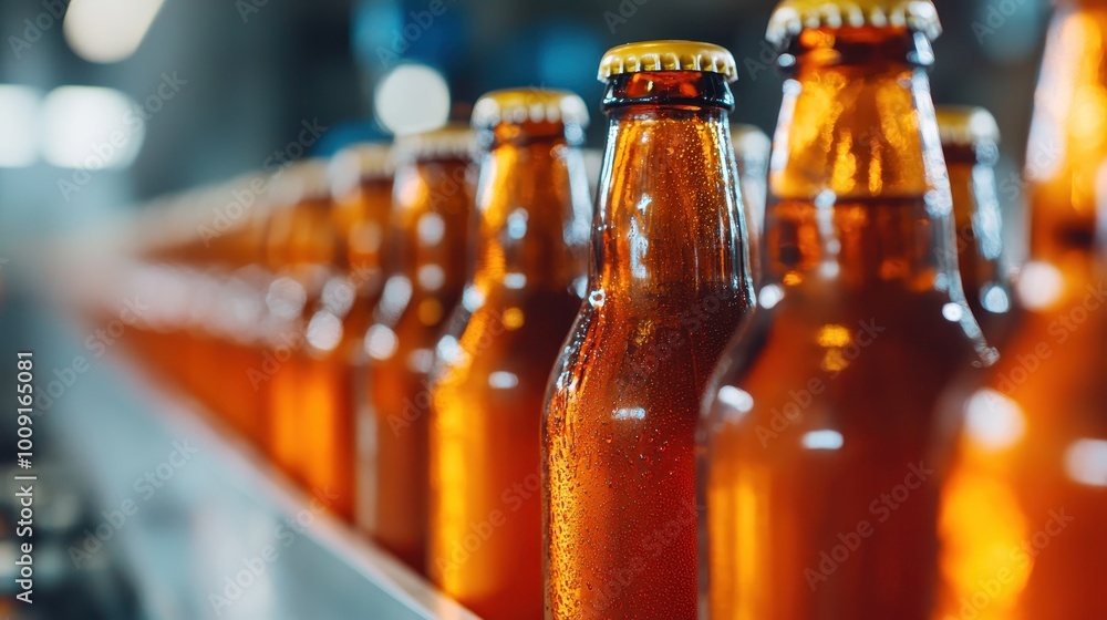 Poster the image depicts a close-up view of rows of amber bottles on a production line within a brewery, hi