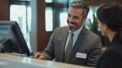Fototapeta premium A bank employee assisting a customer at the counter, wearing a professional suit and name tag, while smiling.
