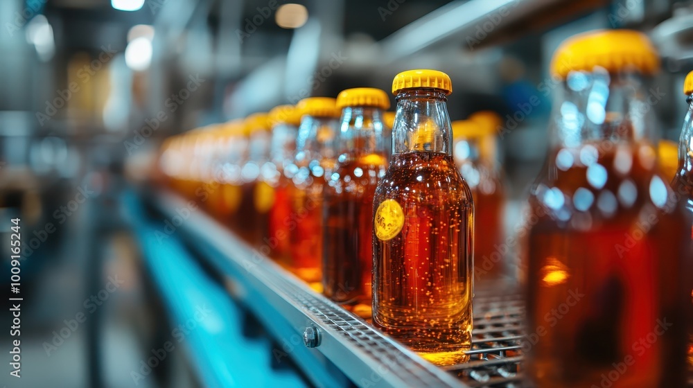 Poster the image features a row of beer bottles with yellow caps moving along a conveyor belt in a factory 