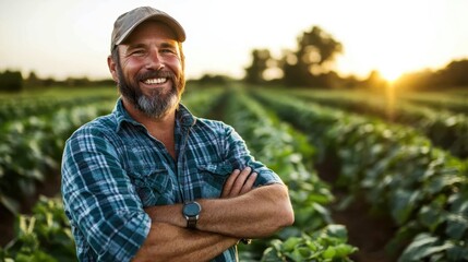 A content farmer with a beard and cap stands with arms crossed in a green, sunlit field during sunset, expressing satisfaction and pride in his agricultural work.