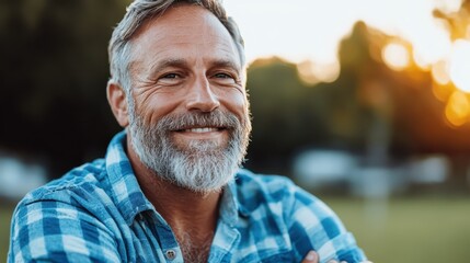 A close-up of a man with a graying beard in a plaid shirt, smiling warmly outdoors during the golden hour, depicting a sense of peace and contentment.