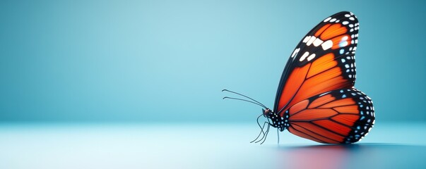 Fototapeta premium A single orange and black butterfly rests on a light blue surface.