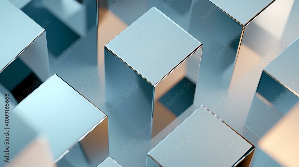 Poster the image shows a close-up of several shiny silver cubes arranged in a staggered pattern, casting de
