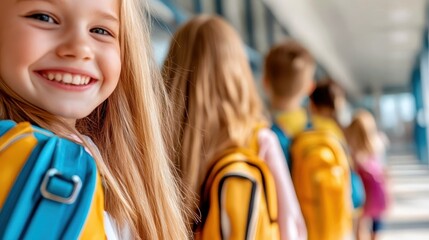 A line of smiling children wearing colorful backpacks, conveying happiness and excitement as they stand in a brightly lit, modern school hallway.