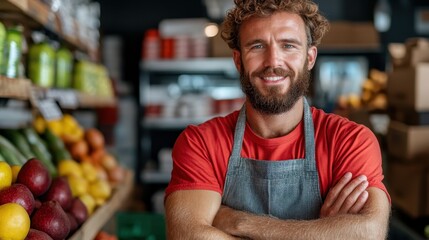 A bearded man is smiling confidently in a colorful fruit and vegetable store, wearing a red shirt and apron, embodying customer service and flourishing business.