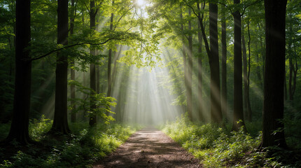 Naklejka premium Sunlit Forest Path: Ethereal Rays Illuminate Lush Green Woodland, Creating Magical Atmosphere on Dirt Trail Through Tranquil Nature Scene