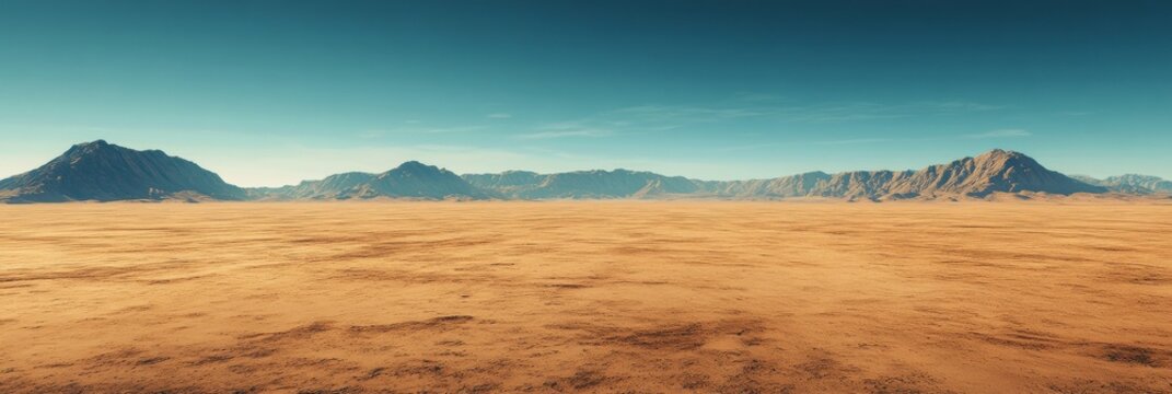 Endless Desert Plains, Vast flat sands extending to the horizon, a serene and barren landscape under a clear blue sky, inviting solitude and reflection