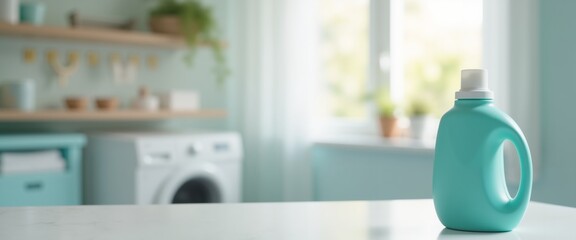 Turquoise laundry detergent bottle in bright modern laundry room with copy space