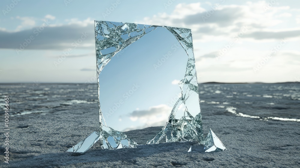 Poster a broken mirror on a barren surface, its scattered shards reflecting different dimensions, creating 