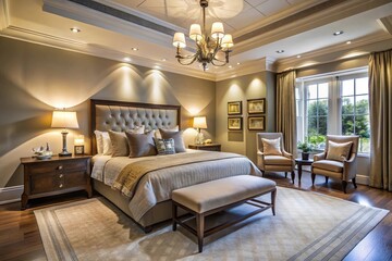 Elegant bedroom with luxury decor and premium bedding