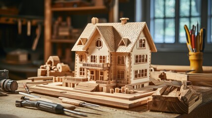 Wooden model house with detailed craftsmanship, displayed on a desk with woodworking tools.