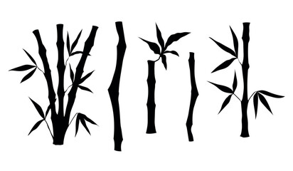 Obraz premium Bamboo tree stem with leaves silhouette. Set of bamboo tree. Vector illustration