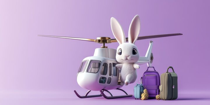 Cute Bunny in Helicopter with Luggage on Colorful Background