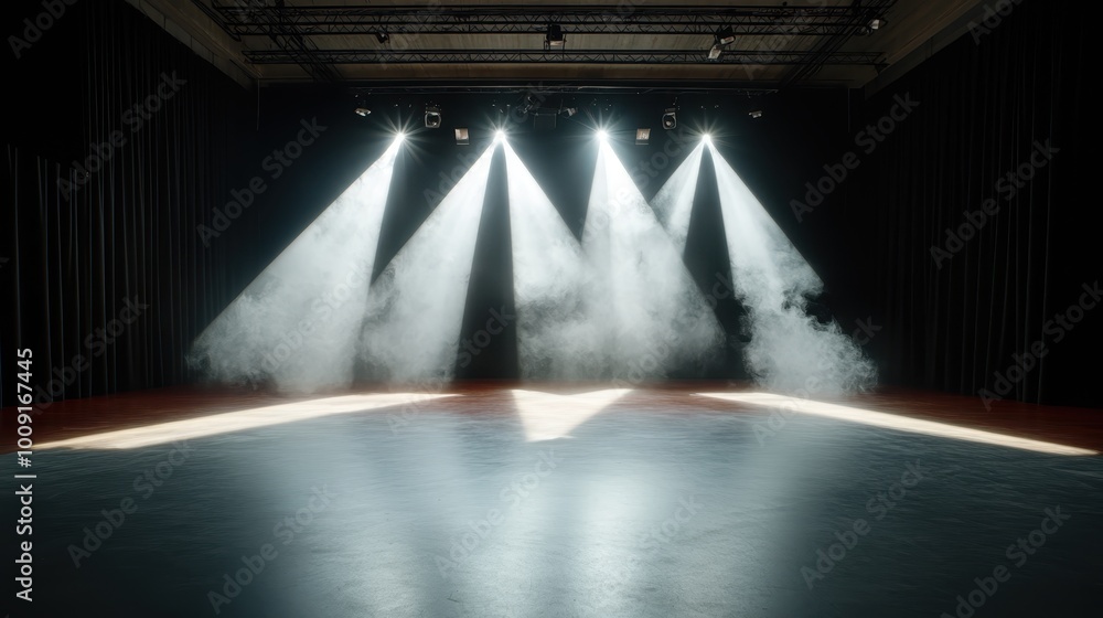 Poster a spacious theater stage is illuminated by bright spotlights, casting diagonal beams of shimmering l